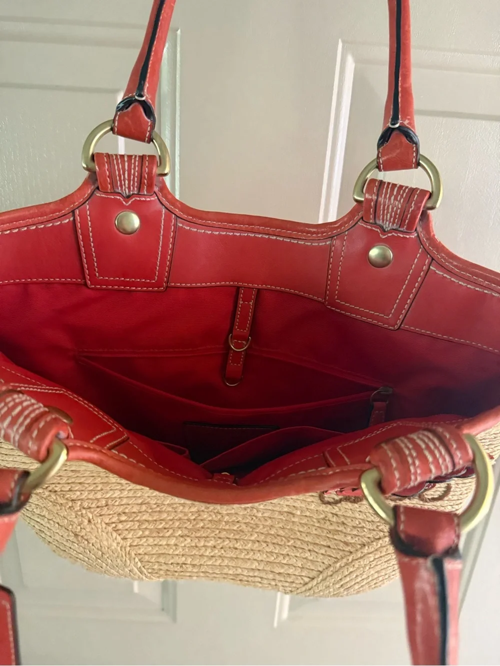 Coach Straw Tote with Red Leather Trim and Floral Applique